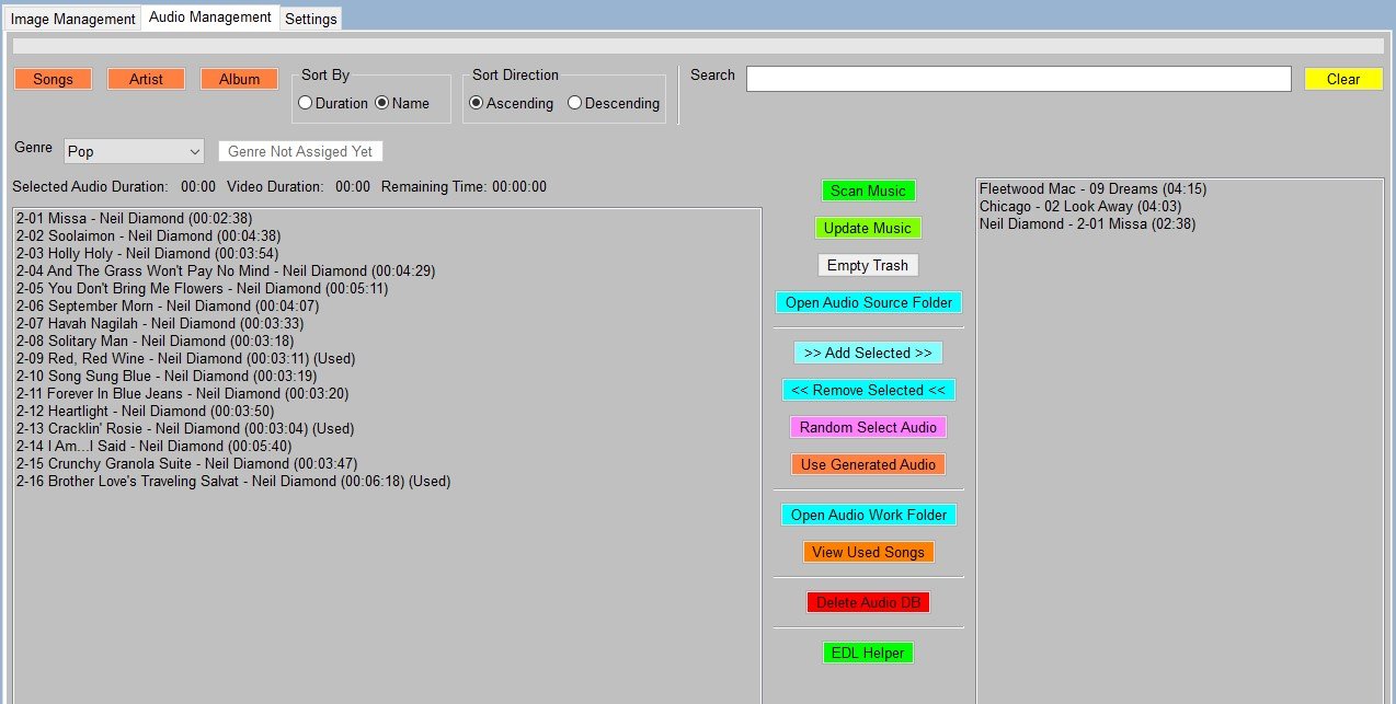 SlideShow Bob Audio Management screen with song selection controls